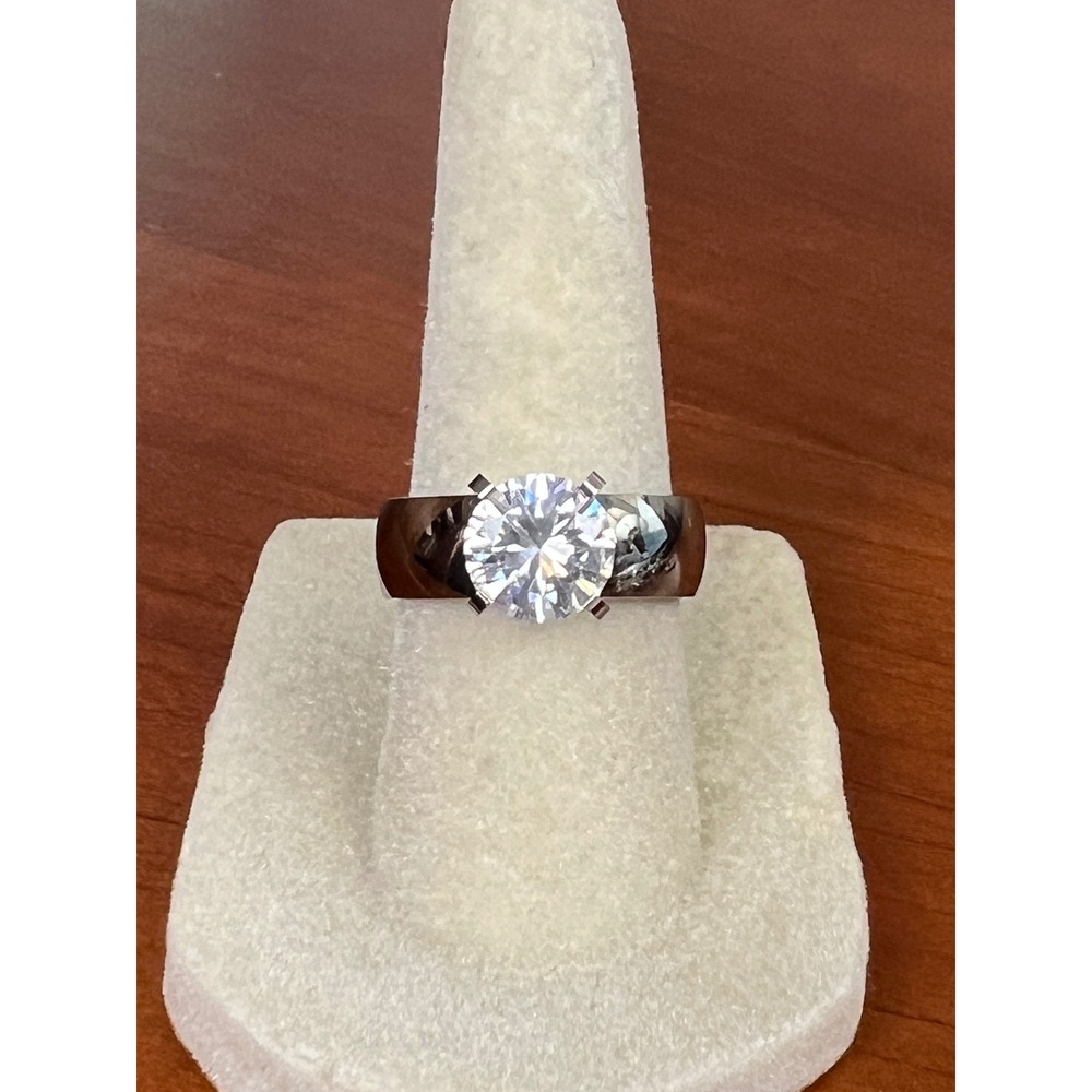 Stainless Steel Round Brilliant Cubic Zirconia Solitaire Band Ring Size 6